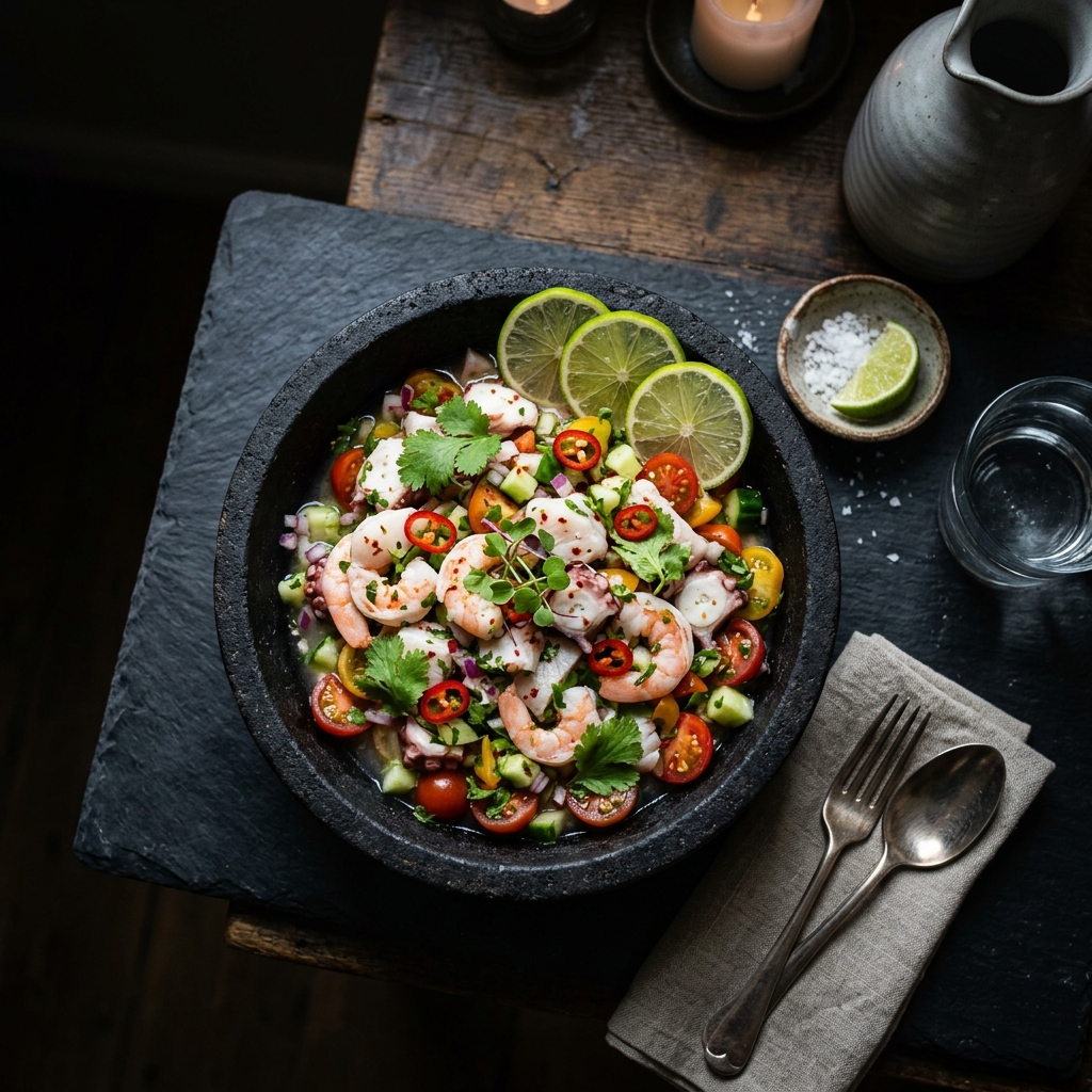 Ceviche marinero fresco con pescado blanco, camarones y pulpo