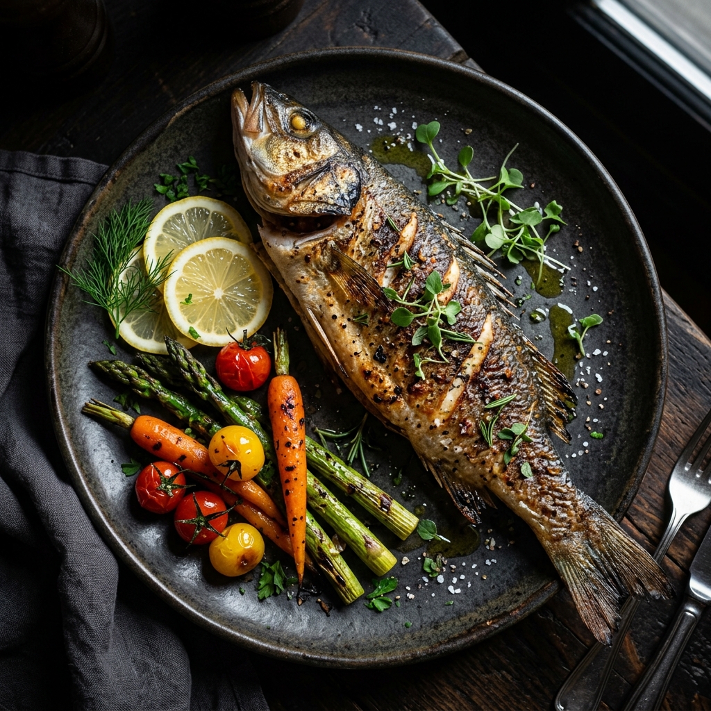 Pescado fresco del día a la brasa con guarnición de temporada
