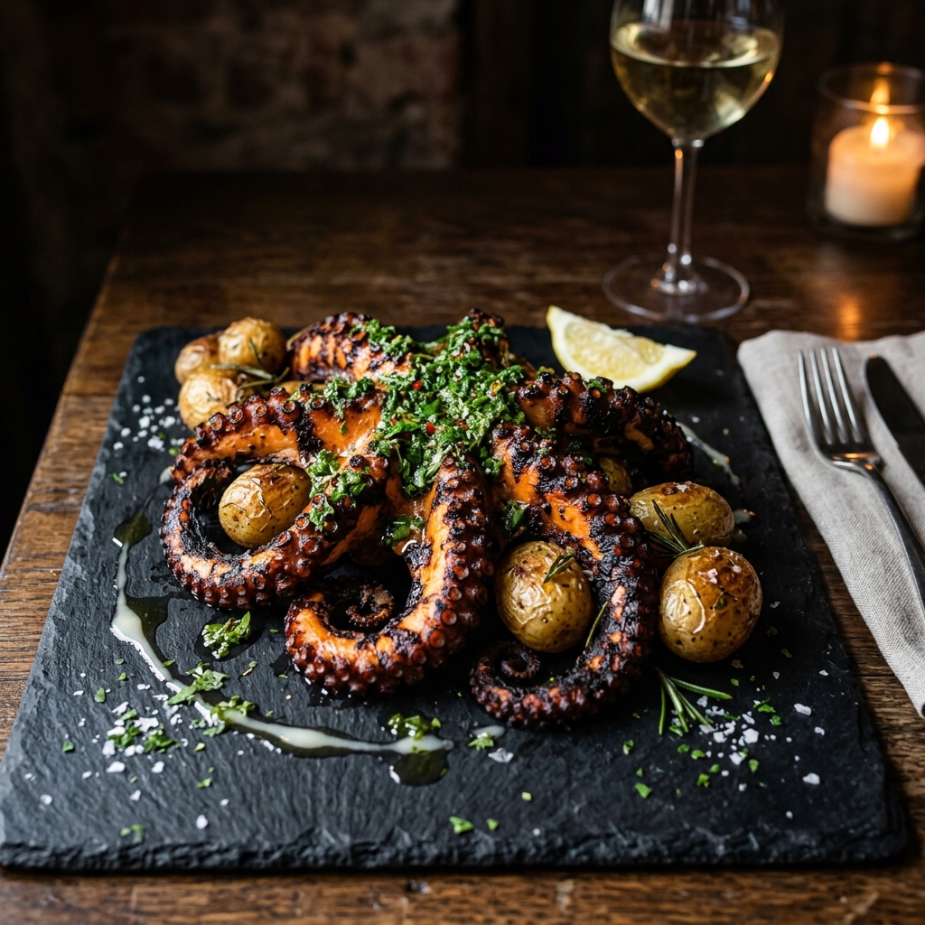 Pulpo a la plancha con chimichurri de hierbas y papas al romero